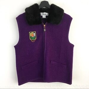 Vintage purple boiled wool vest faux fur collar women's Large crest patch
